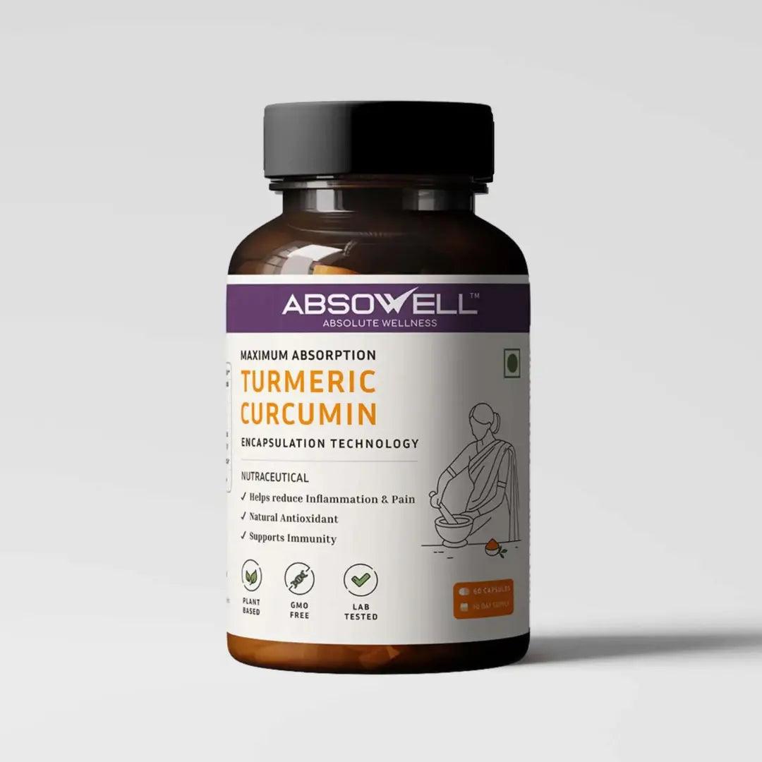 Absowell Turmeric Curcumin supplement bottle on a gray background