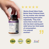 Hand holding a bottle of Absowell supplement with customer review and certification logos on a white background