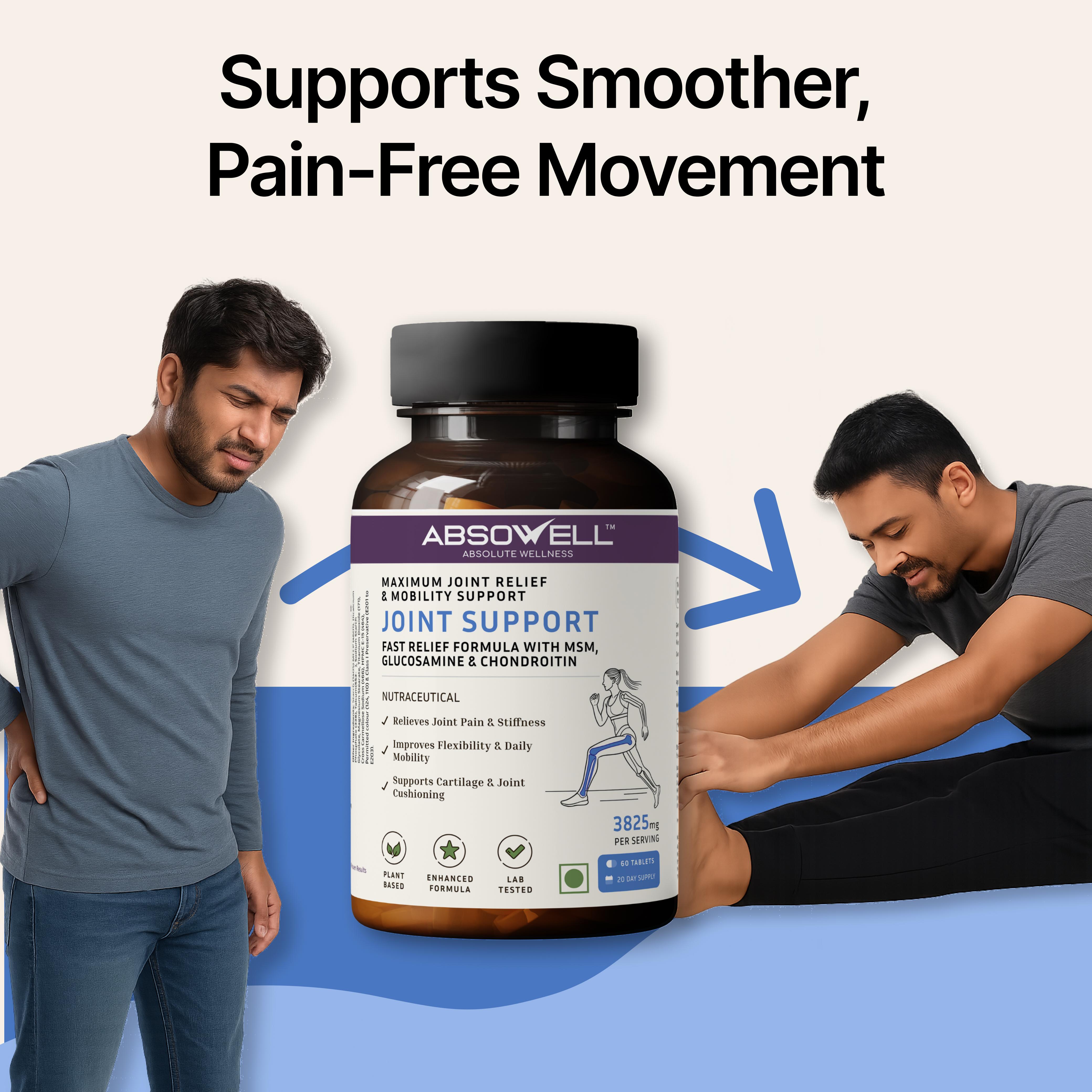Abswell joint support supplement bottle with a man experiencing pain and another man stretching, on a light gray background.
