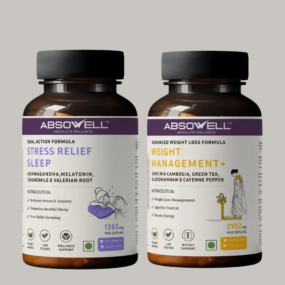 Two Absowell supplement bottles on a gray background. One for Stress and sleep and one for weight Management