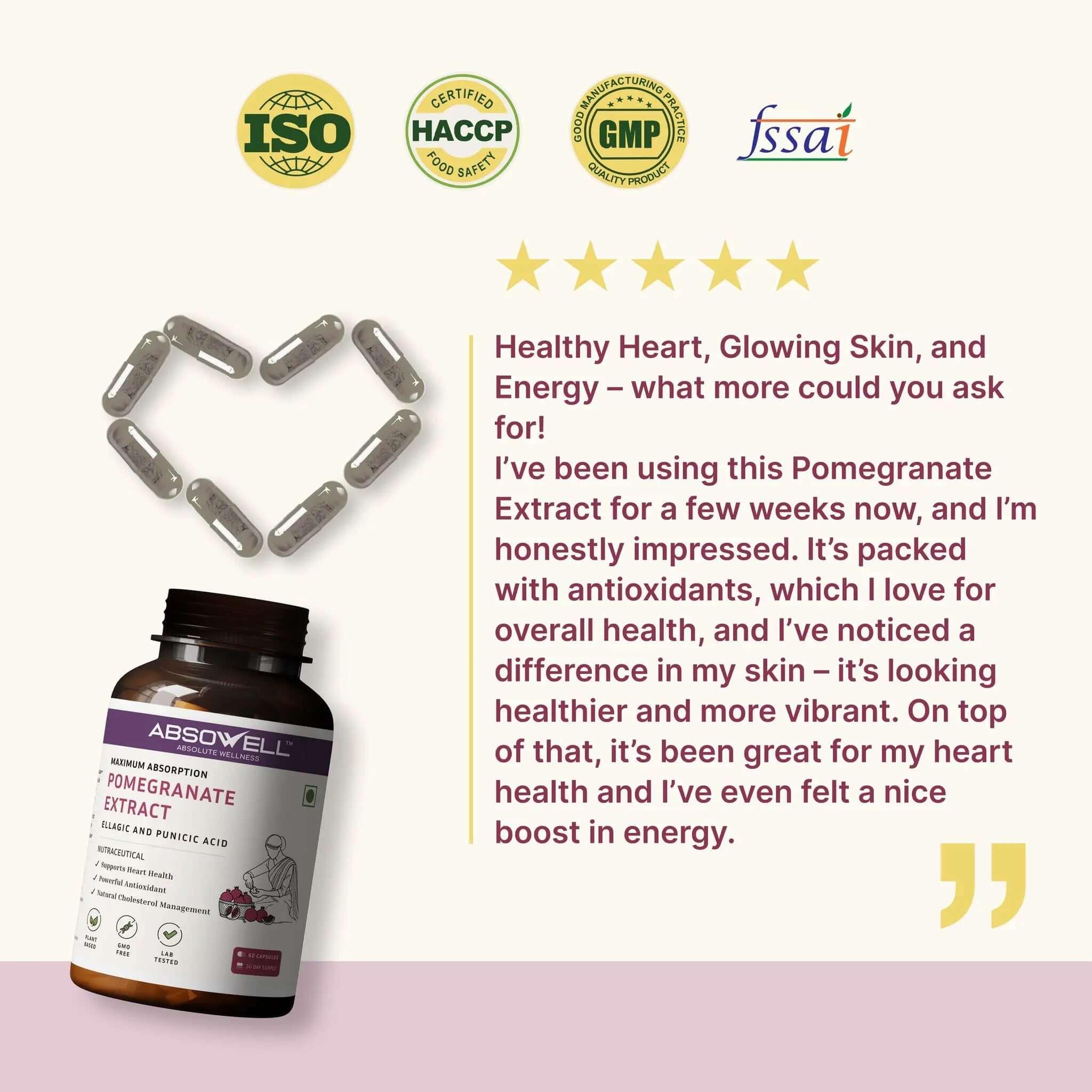 Pomegranate extract supplement bottle with customer review and certification logos on a white background