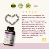 Pomegranate extract supplement bottle with customer review and certification logos on a white background