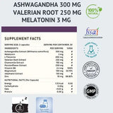 Supplement label with Ashwagandha, Valerian Root, and Melatonin ingredients on a white background.