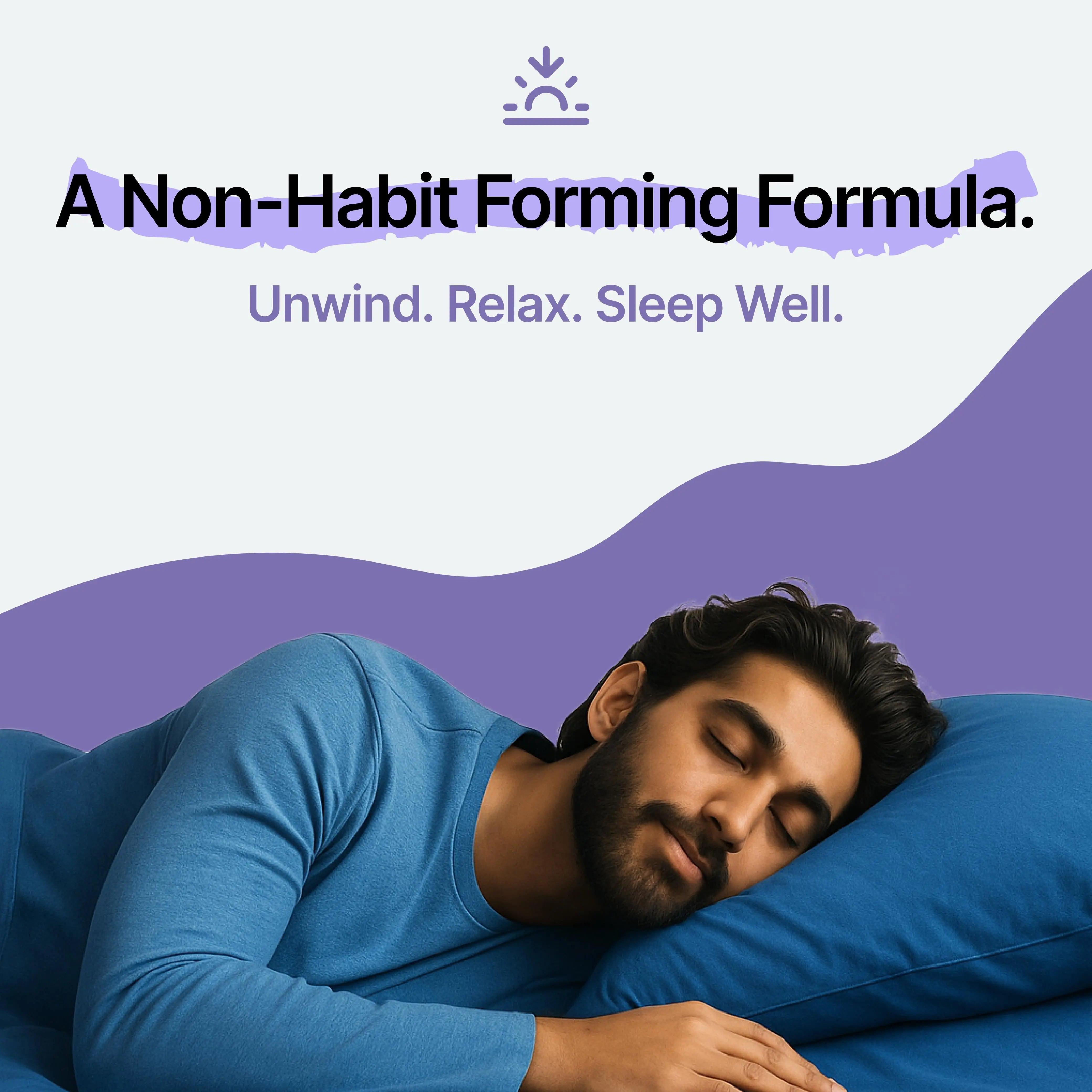 Man sleeping on a blue pillow with a purple background and text about a non-habit-forming formula.