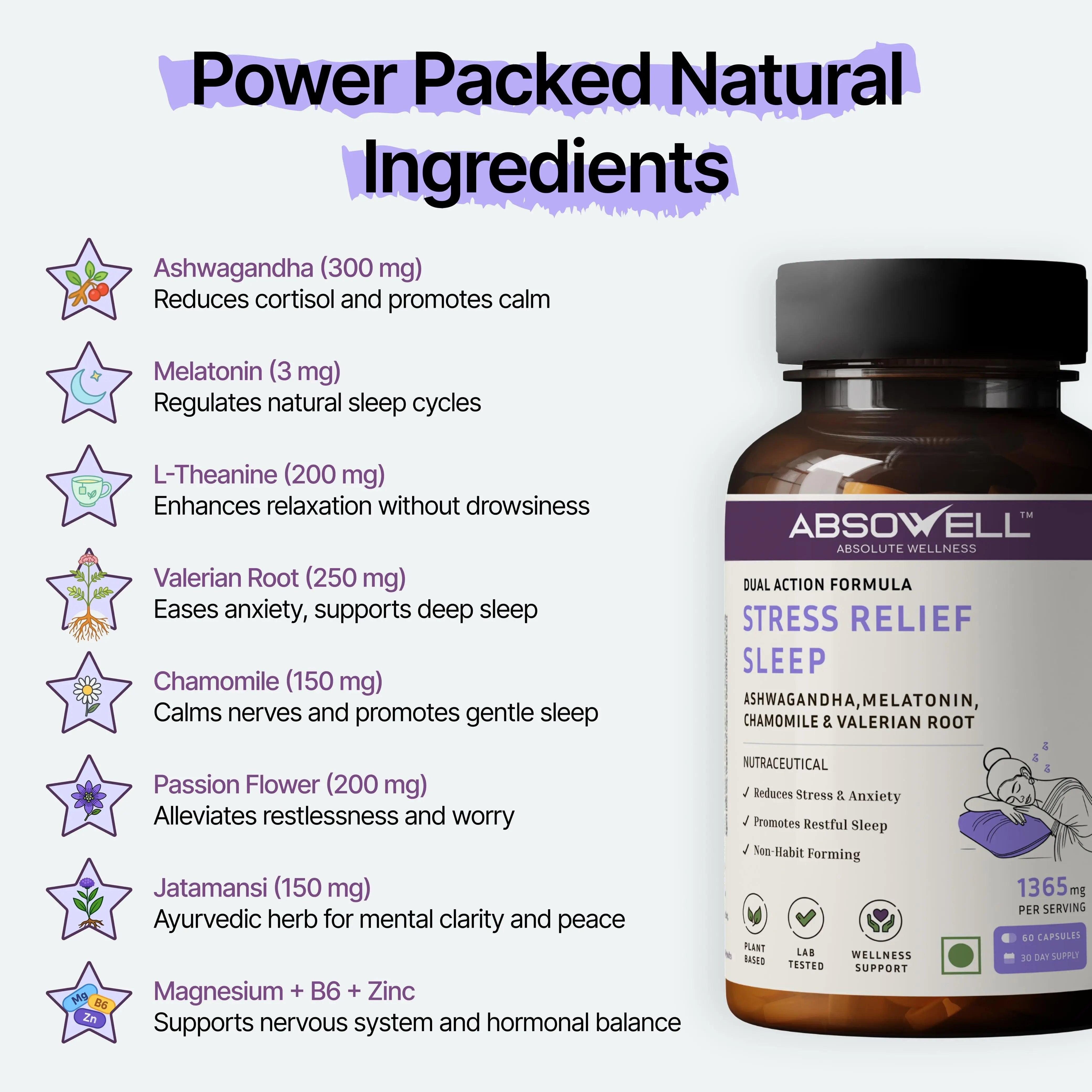 Absowell Stress Relief Sleep supplement bottle with natural ingredients listed on a white background