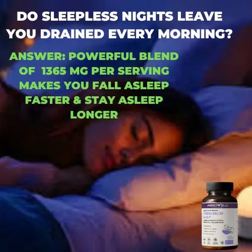 Person lying in bed with a supplement bottle on a dark background, promoting sleep aid.