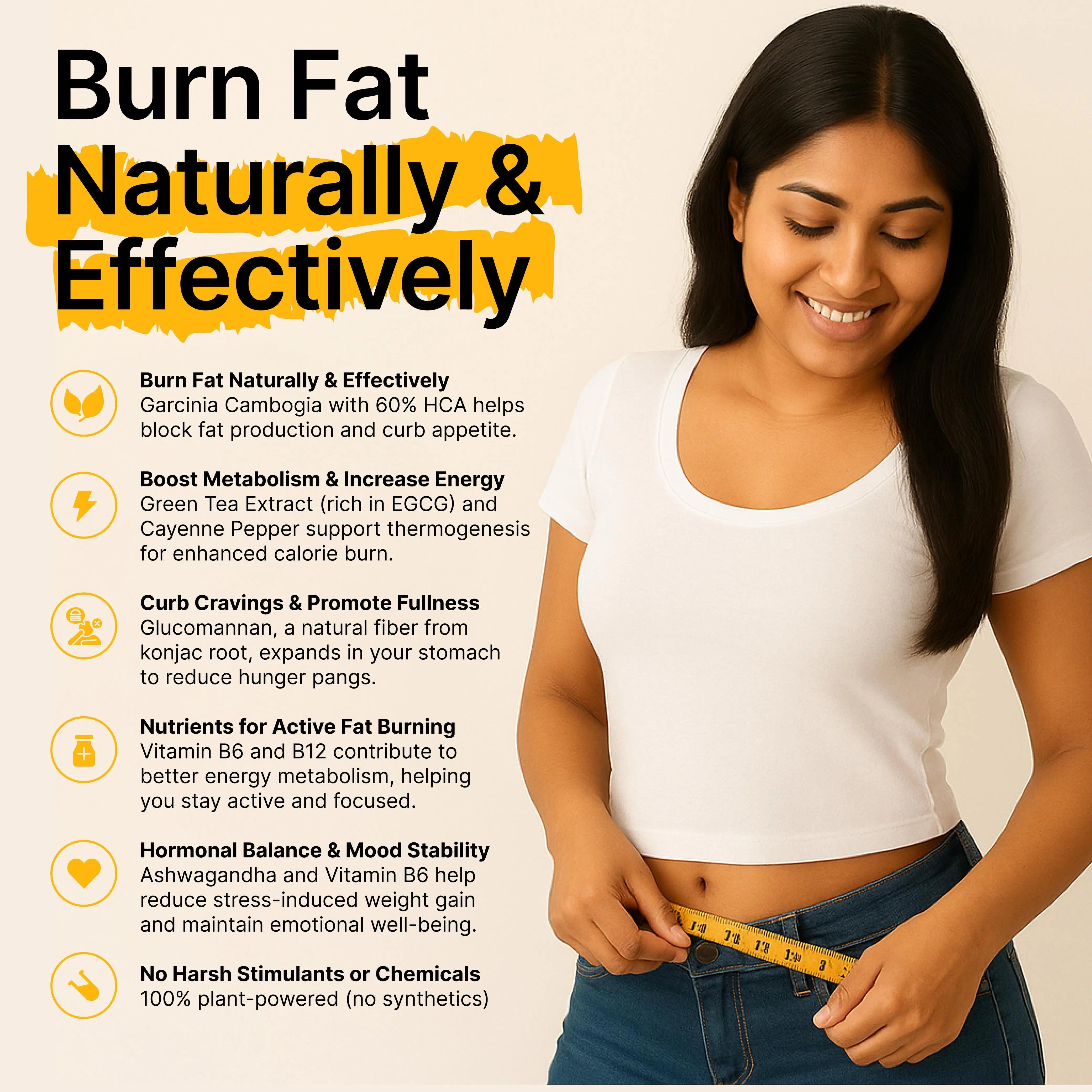 Woman measuring waist with text about natural fat burning methods on a beige background