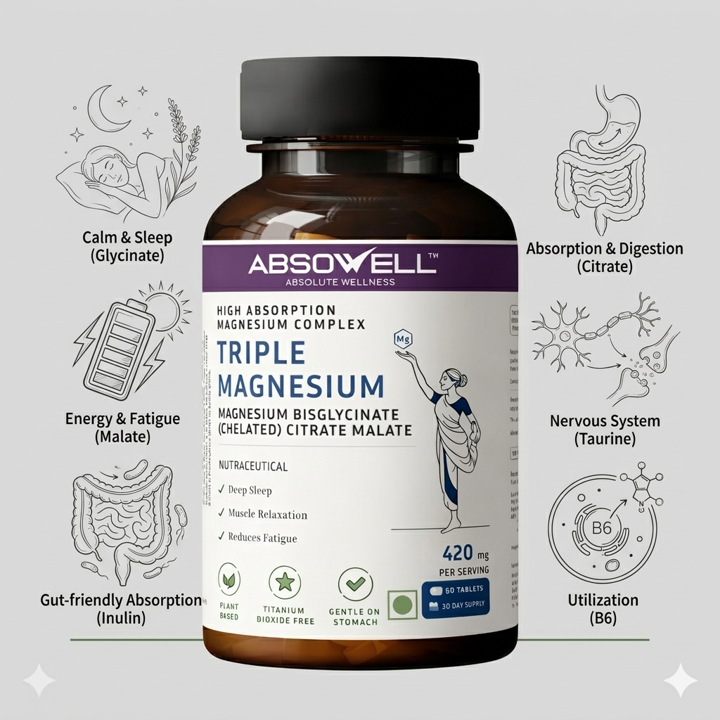 Triple Magnesium Complex for Sleep, Calm & Muscle Recovery | Magnesium Glycinate, Citrate & Malate | Absowell Absowell