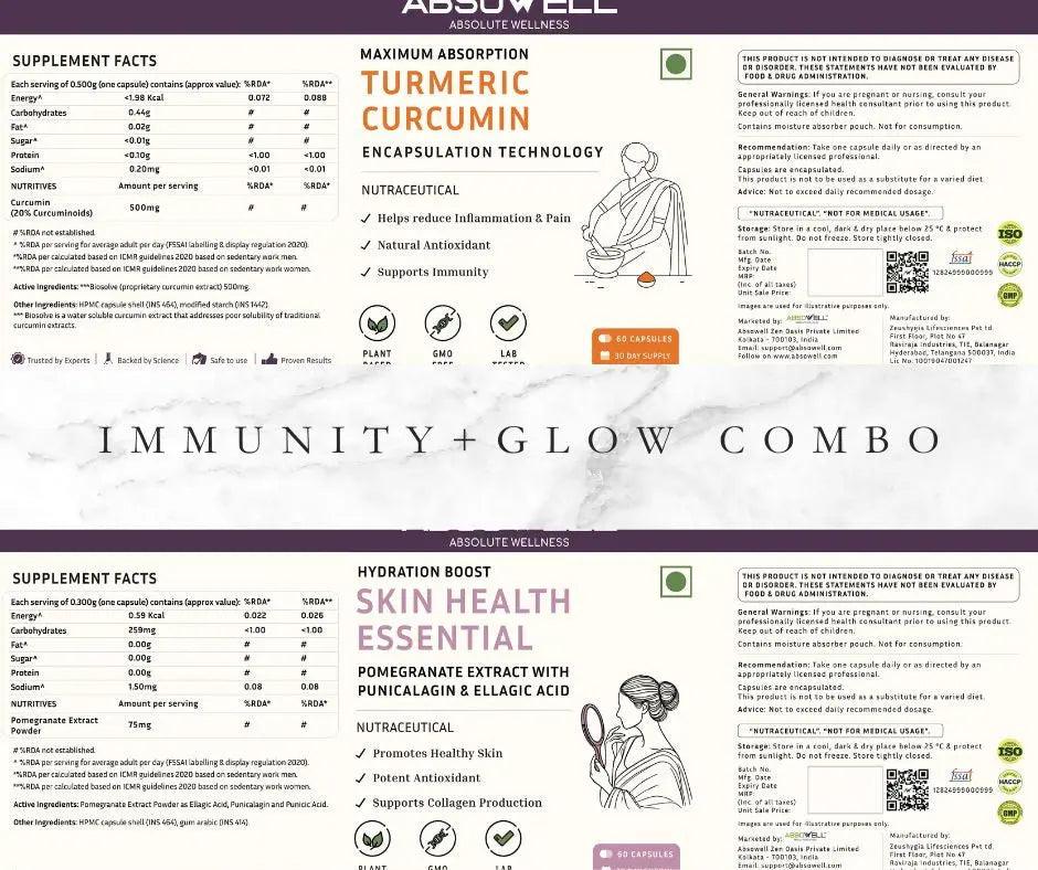 Absowell Turmeric Curcumin + Skin Health Essentials Combo | Plant-Based Immunity & Skin Wellness Supplement | 60 Veg Capsules Each Absowell