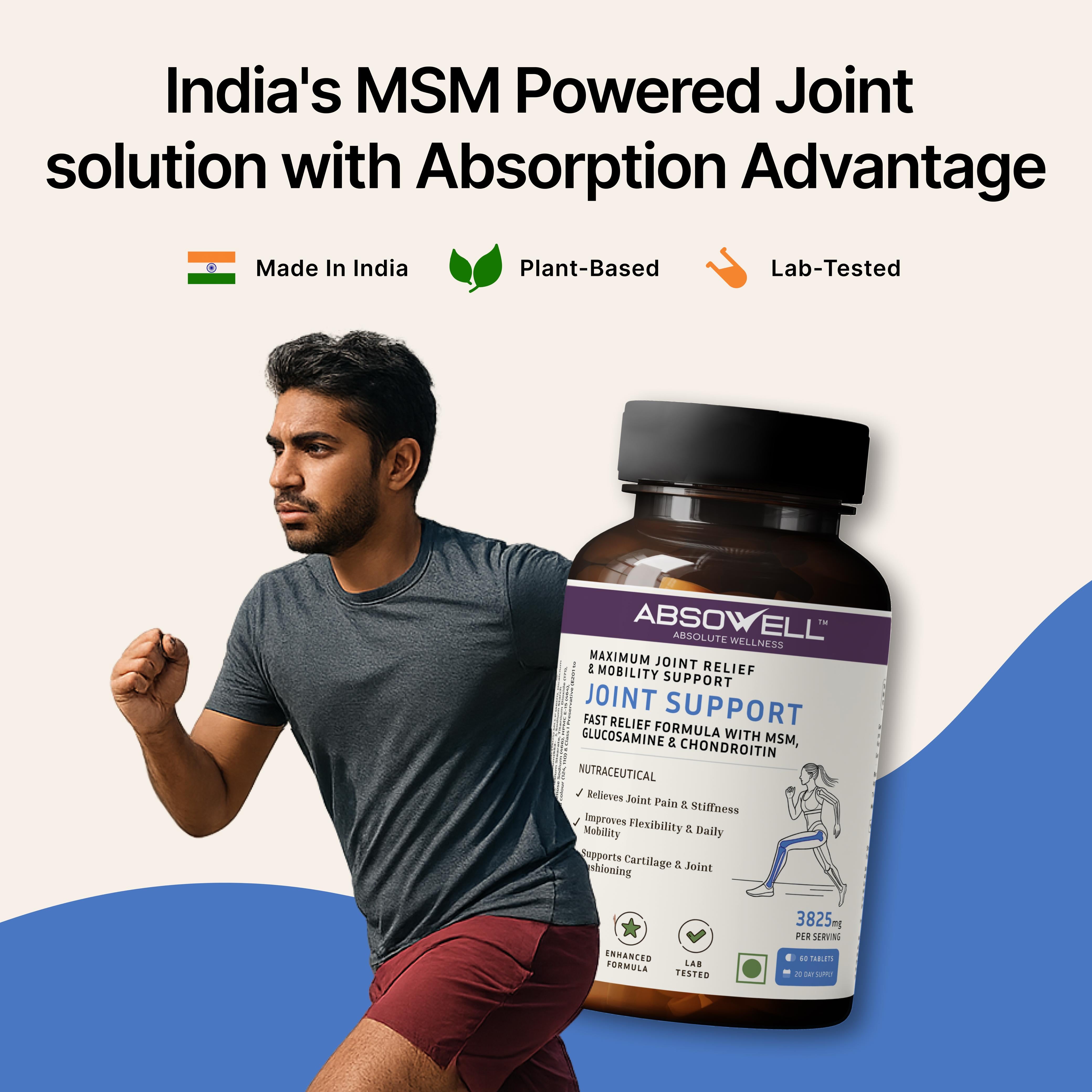 Man running with Absowell Joint Support supplement bottle on a beige and blue background