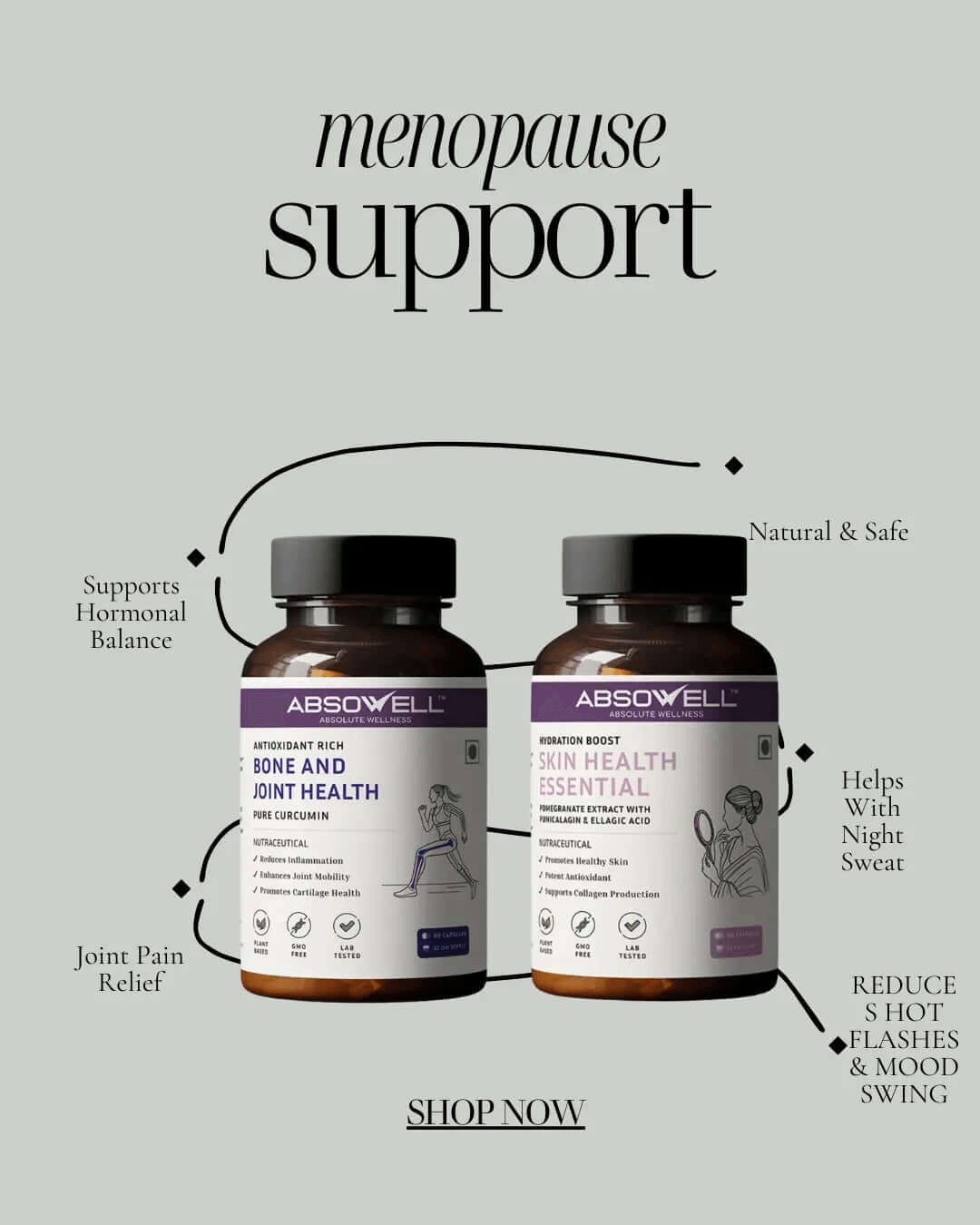 Absowell Bone & Joint + Skin Health for Menopause Support With Fast Acting Technology| Natural Supplement for Joint Pain, Inflammation Relief, Hot Flashes, Mood Swings & Night Sweats |60 Plant Based Capsules Each | Combo Pack | 2 Count - Absowell