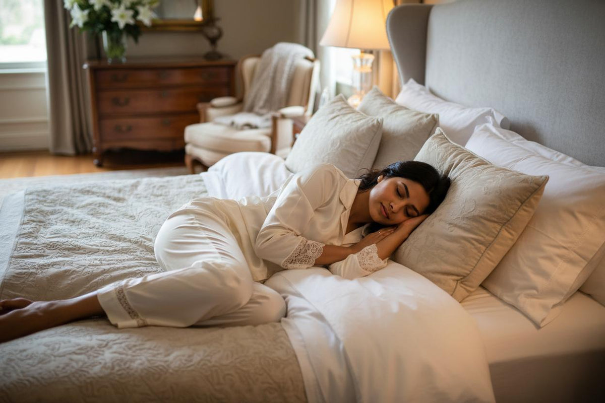 Indian woman sleeping peacefully in a calm neutral bedroom.