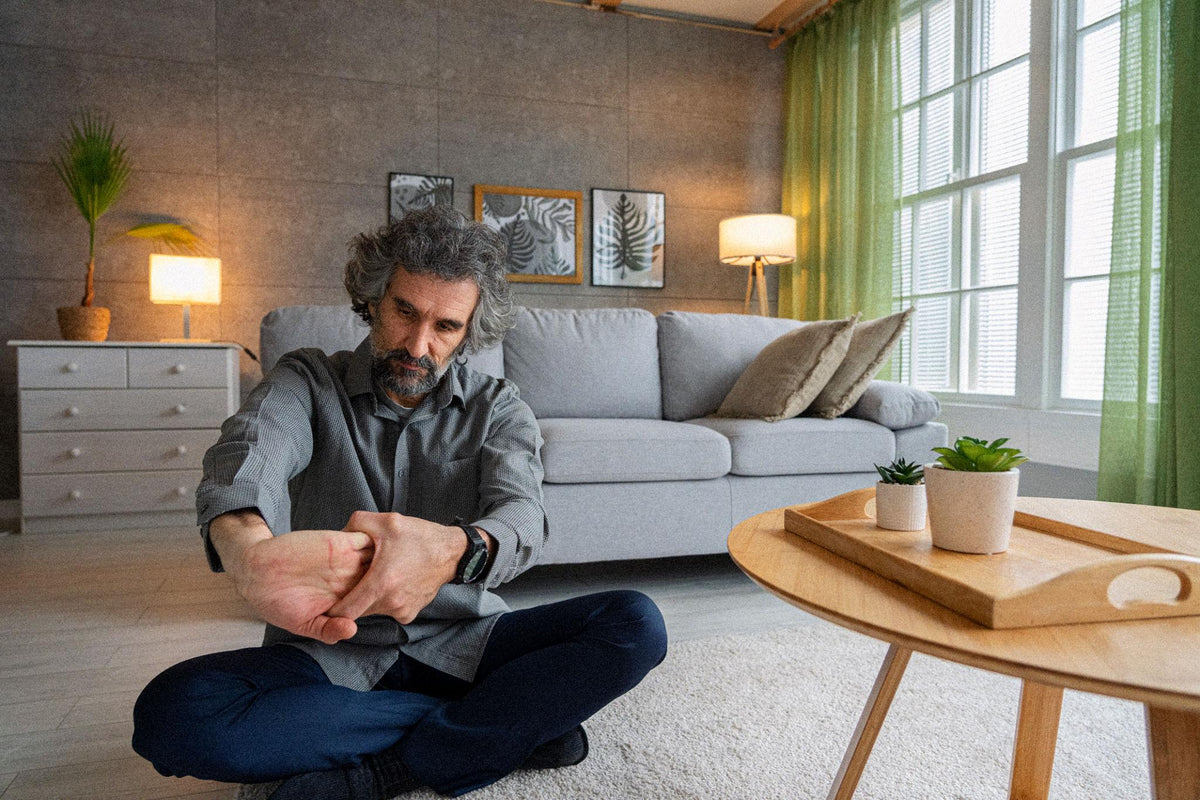 Indian man relaxing at home after gentle stretching in natural light.