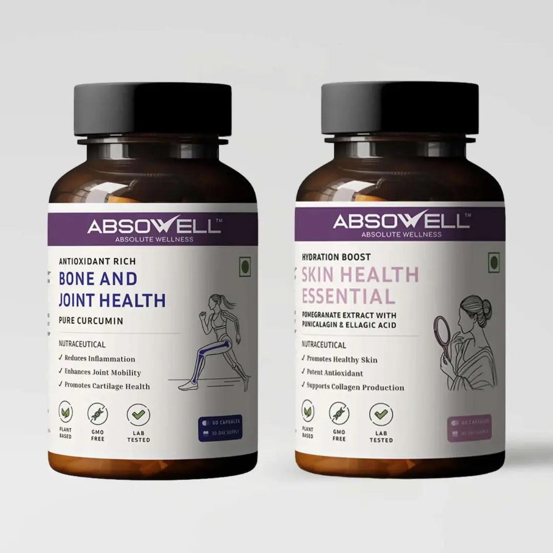 Absowell | Bone and Joint Health + Skin Health for Menopause Support With Fast Acting Technology| Natural Supplement for Joint Pain, Inflammation Relief, Hot Flashes, Mood Swings & Night Sweats |60 Plant Based Capsules Each | Combo Pack | 2 Count Absowell