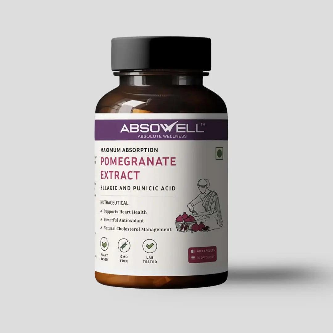 Bottle of Absowell Pomegranate Extract on a light gray background
