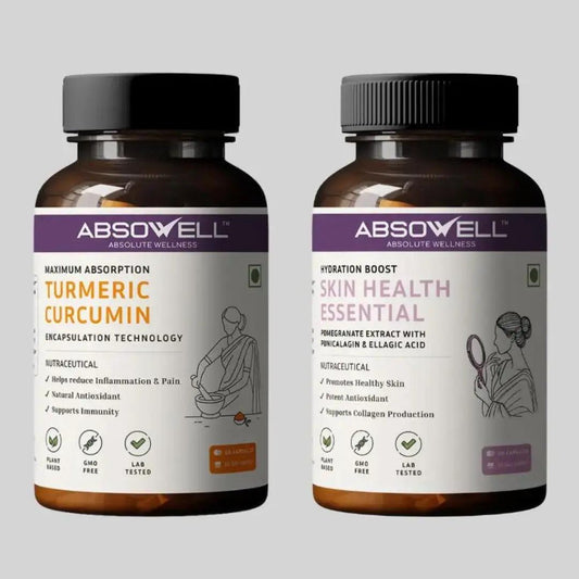 Absowell Turmeric Curcumin + Skin Health Essentials Combo | Plant-Based Immunity & Skin Wellness Supplement | 60 Veg Capsules Each Absowell