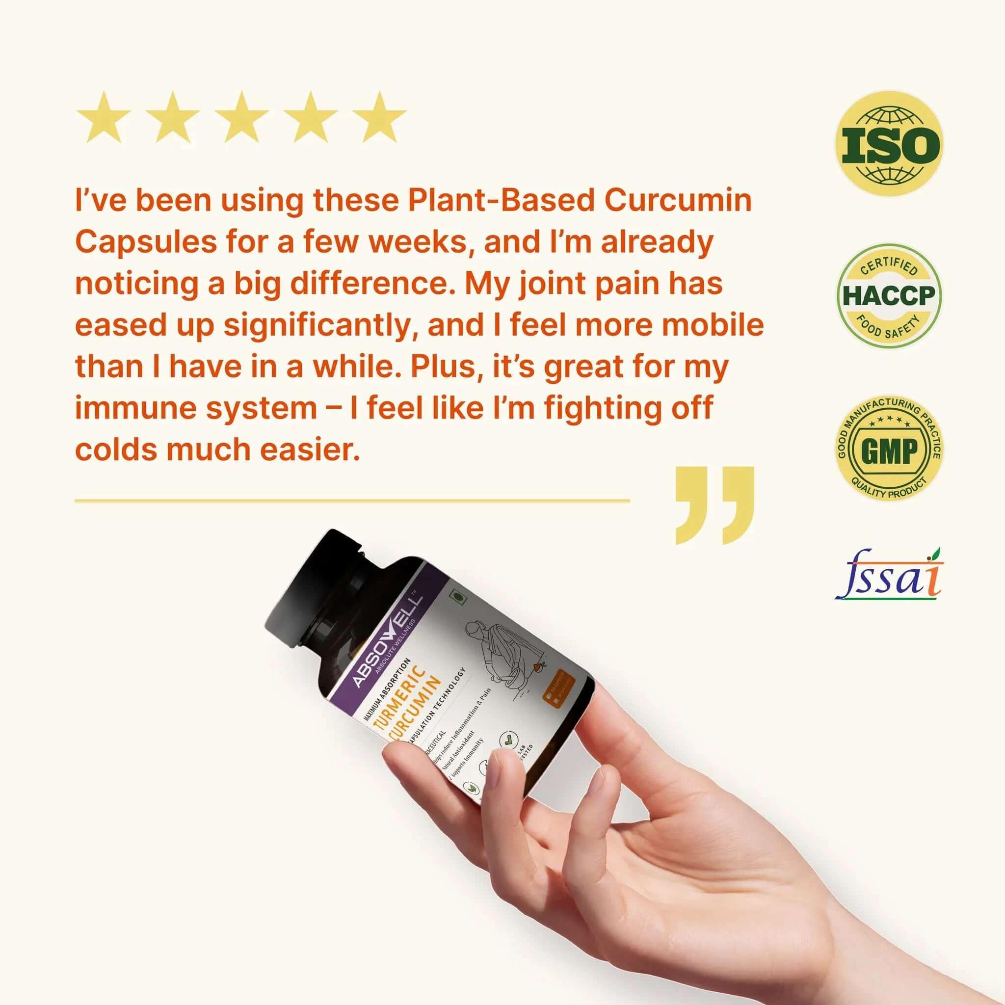 Hand holding a bottle of plant-based curcumin capsules with customer review and certification logos on a white background