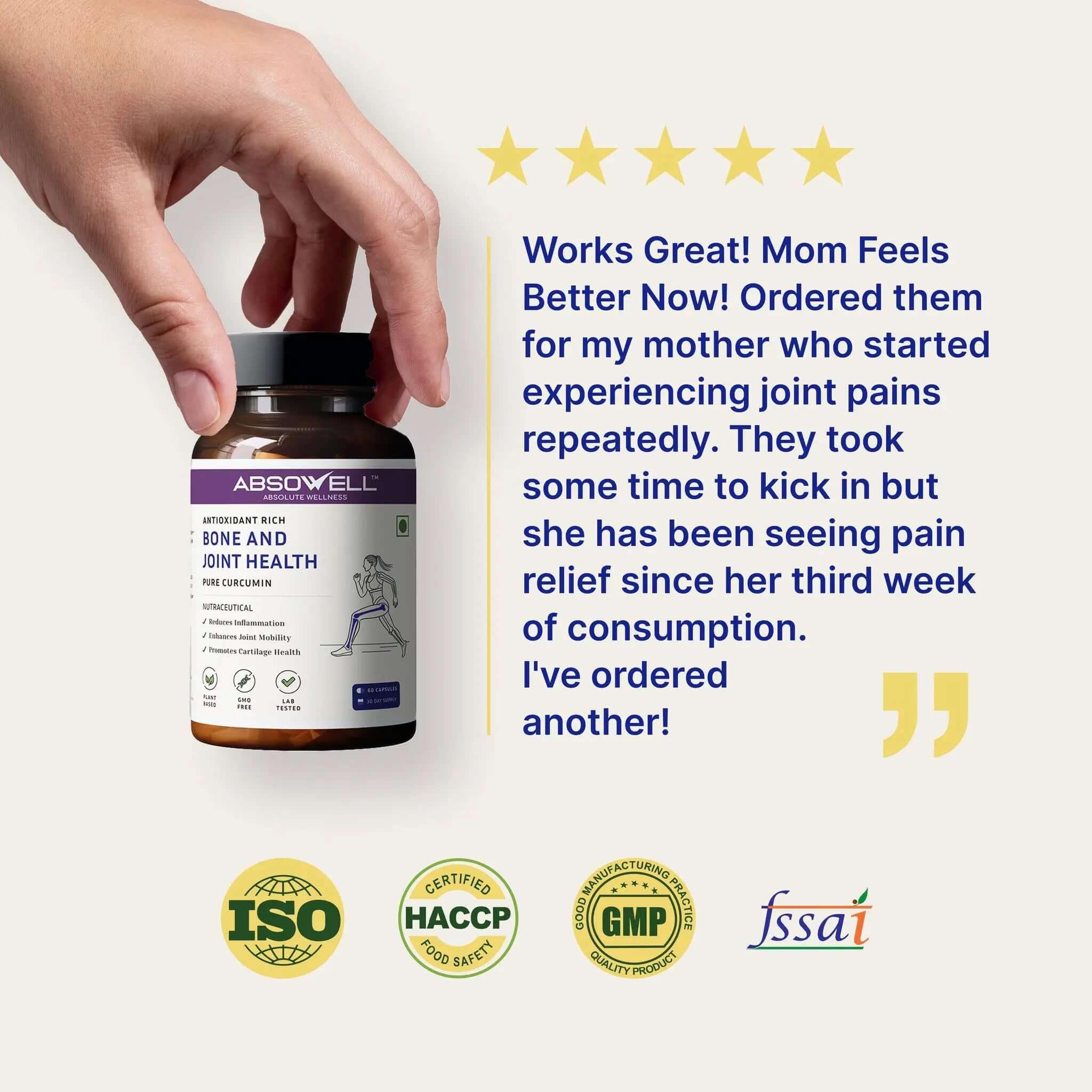 Hand holding a bottle of Absowell supplement with customer review and certification logos on a white background