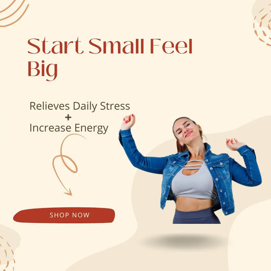 Promotional graphic with a woman in a blue jacket and gray top, text 'Start Small Feel Big', and call to action 'Shop Now' on a beige background.
