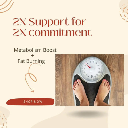 Advertisement for a product with a scale and feet on a wooden floor, promoting metabolism boost and fat burning.