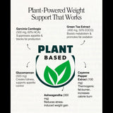Plant-based weight support supplement with ingredients and benefits listed.