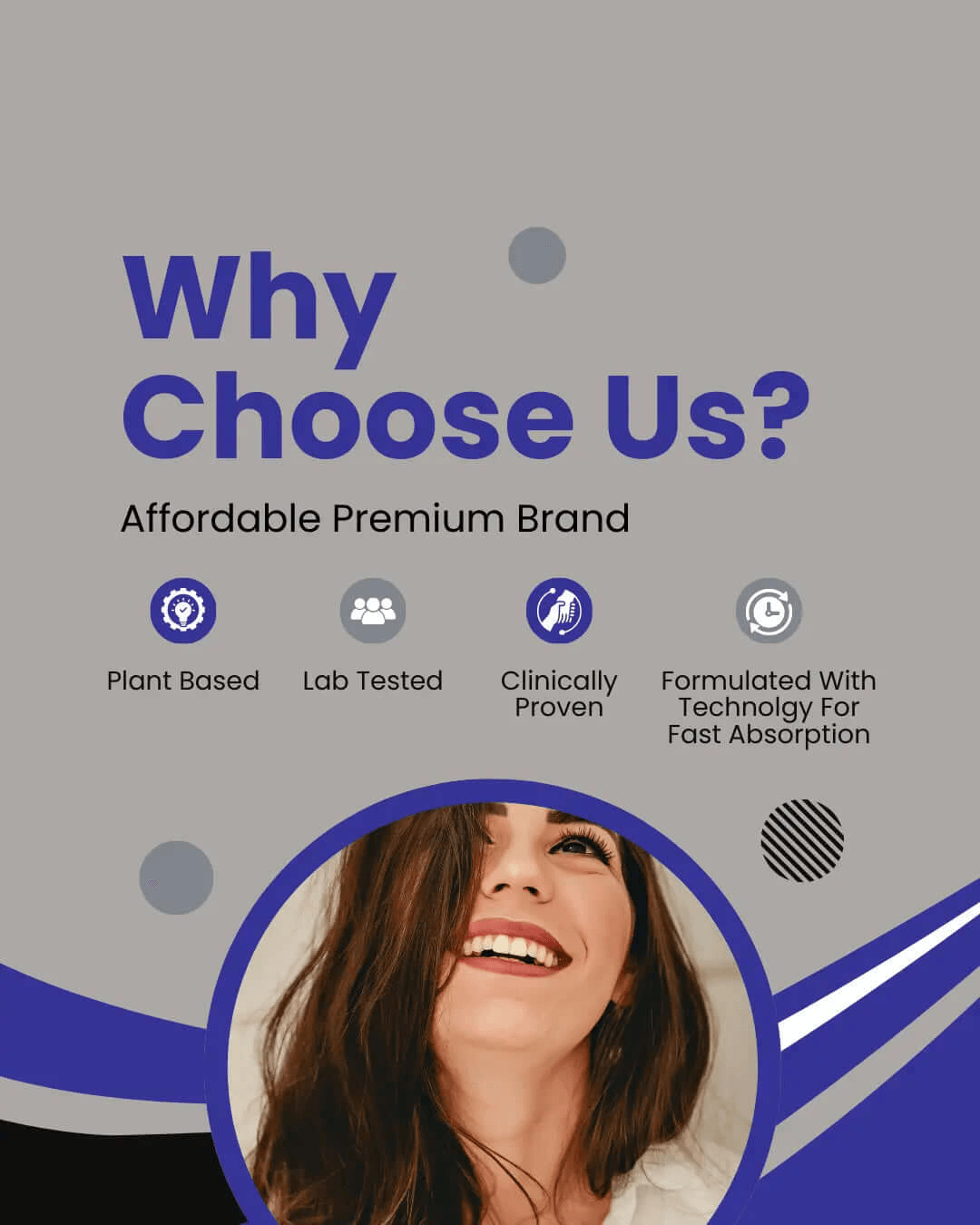 Promotional graphic for an affordable premium brand with a woman's face and key features listed.