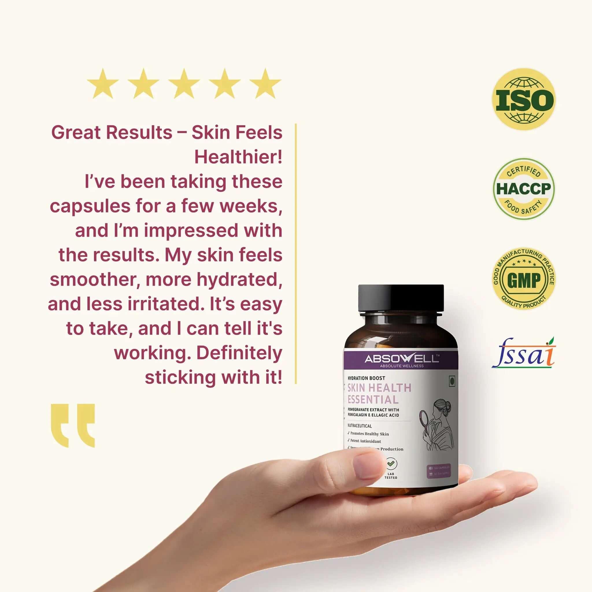 Hand holding a bottle of Absorwell Skin Health Essentials with customer review and certification logos on a white background