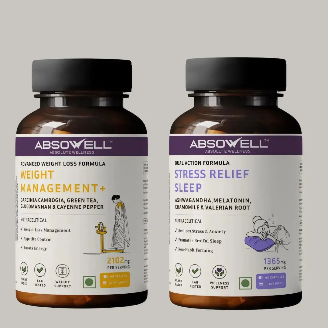 Two Absowell supplement bottles on a gray background