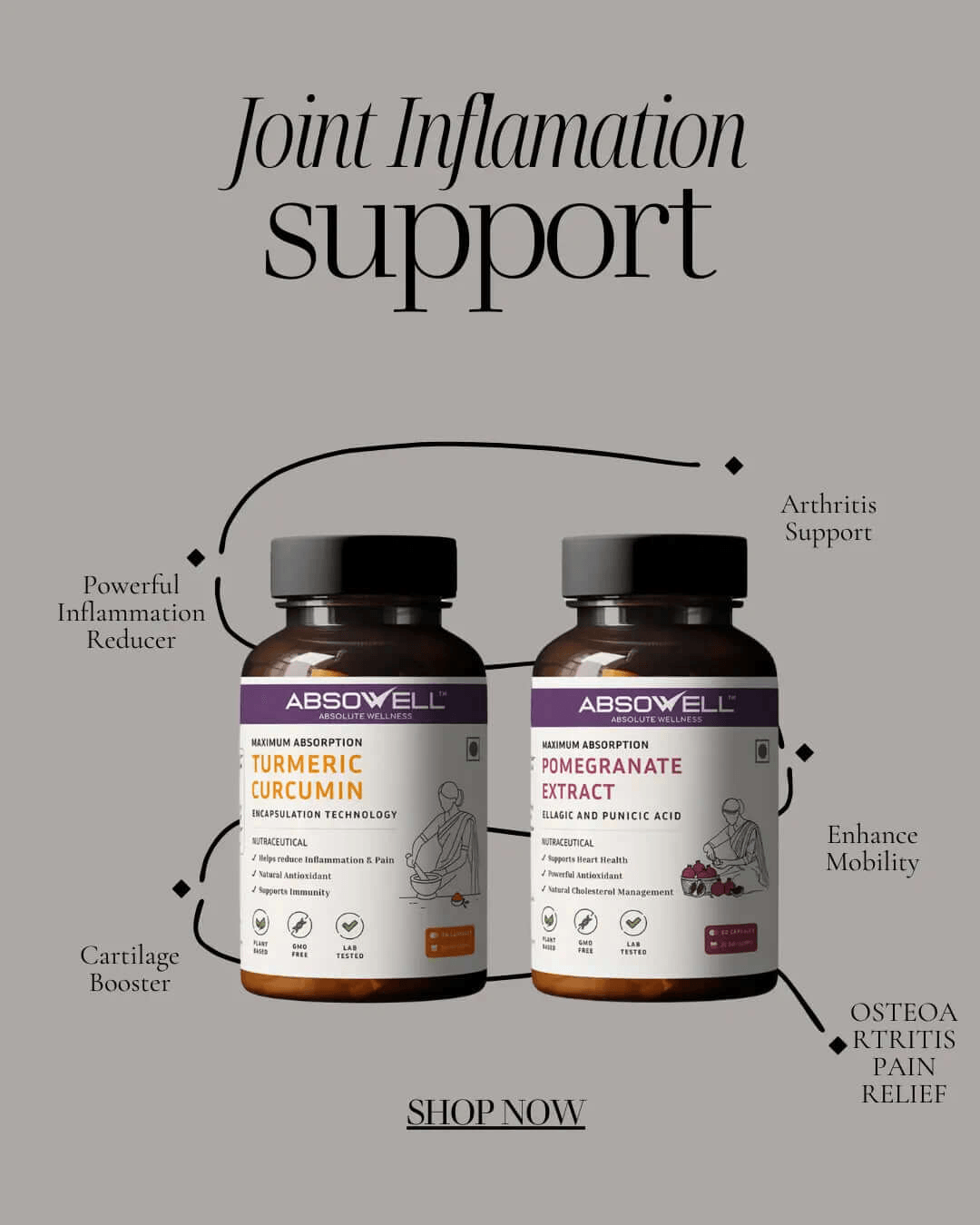 Two Absowell supplement bottles with text on a gray background