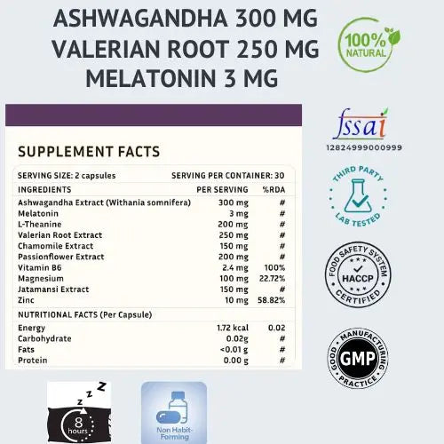 Supplement label with Ashwagandha, Valerian Root, and Melatonin ingredients on a white background.