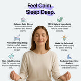 Woman meditating with product benefits listed on a white background
