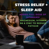 Person wearing headphones with text about stress relief, sleep aid, and added ingredients.