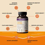 Absowell Turmeric Curcumin supplement bottle with health benefits on a beige and orange background