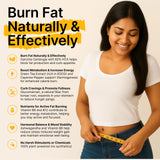 Woman measuring waist with text about natural fat burning methods on a beige background