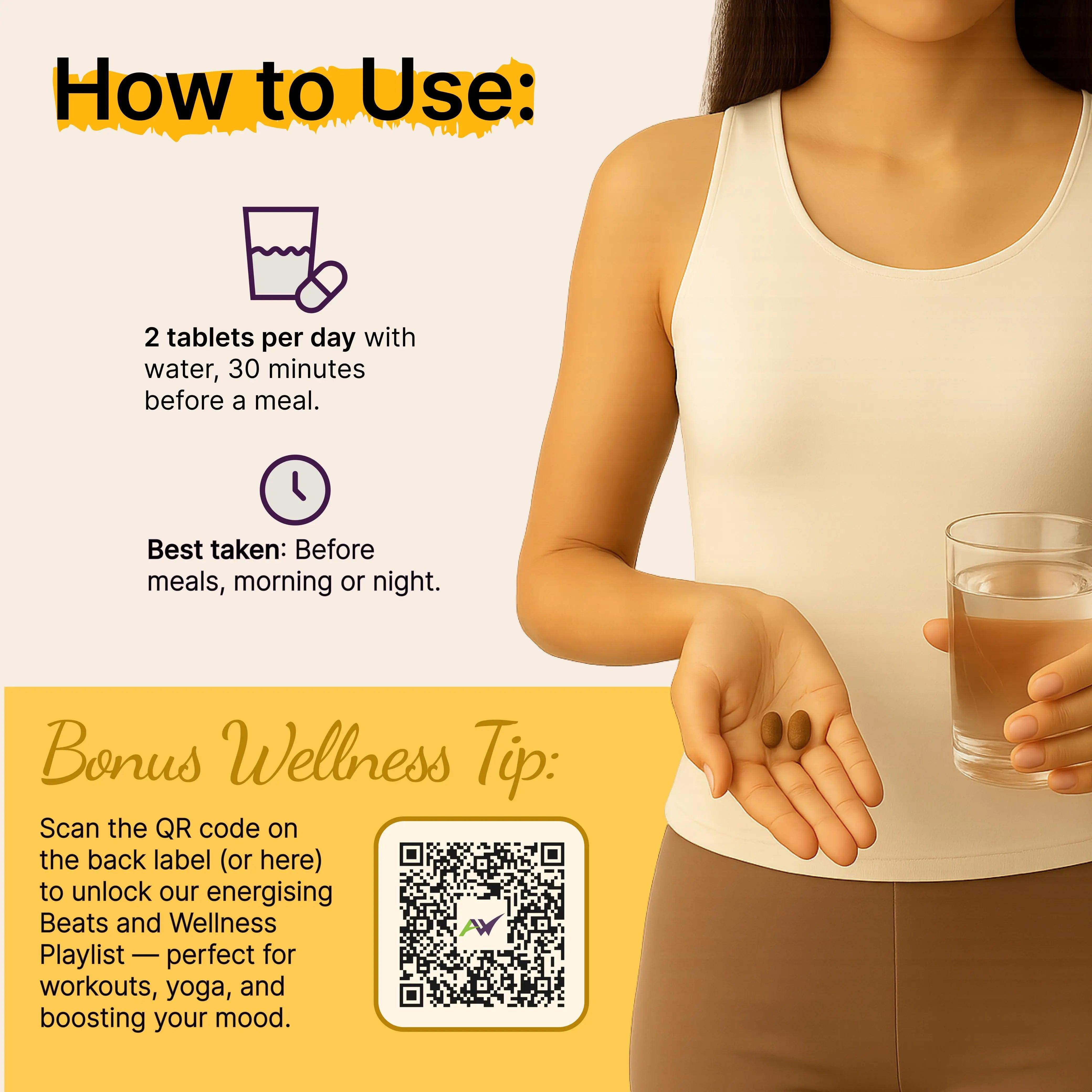 Person holding a glass of water and two pills with usage instructions and a QR code on a yellow background.