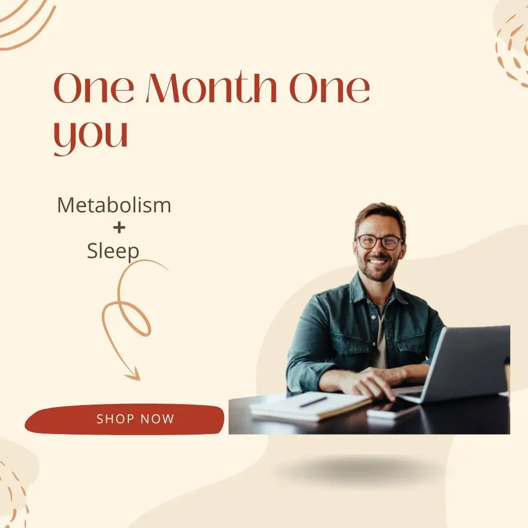 Man using a laptop with promotional text about metabolism and sleep on a beige background