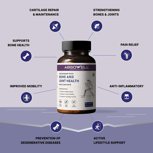 Absowell bone and joint health supplement bottle with benefits listed on a gray background