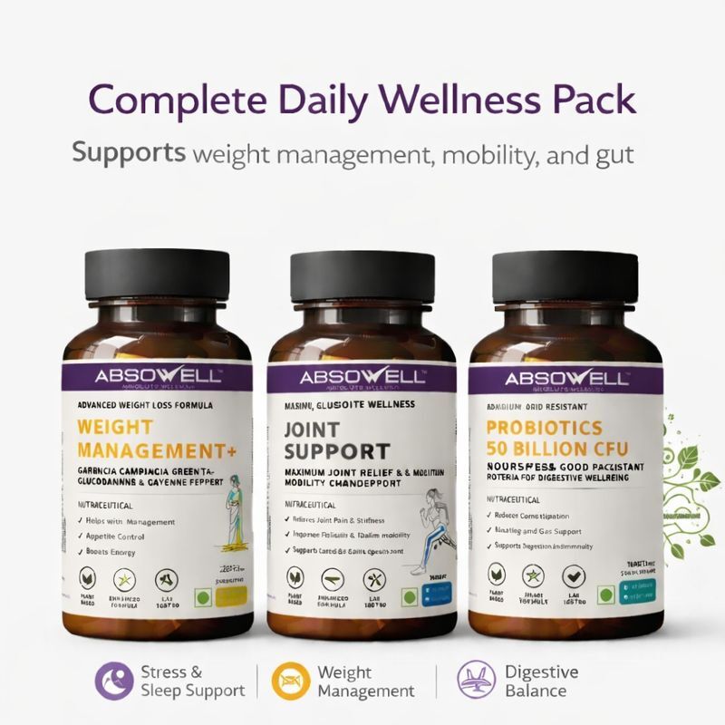 Complete Daily Wellness Pack : Stress & Sleep + Weight Management + Joint Support + Probiotics Absowell