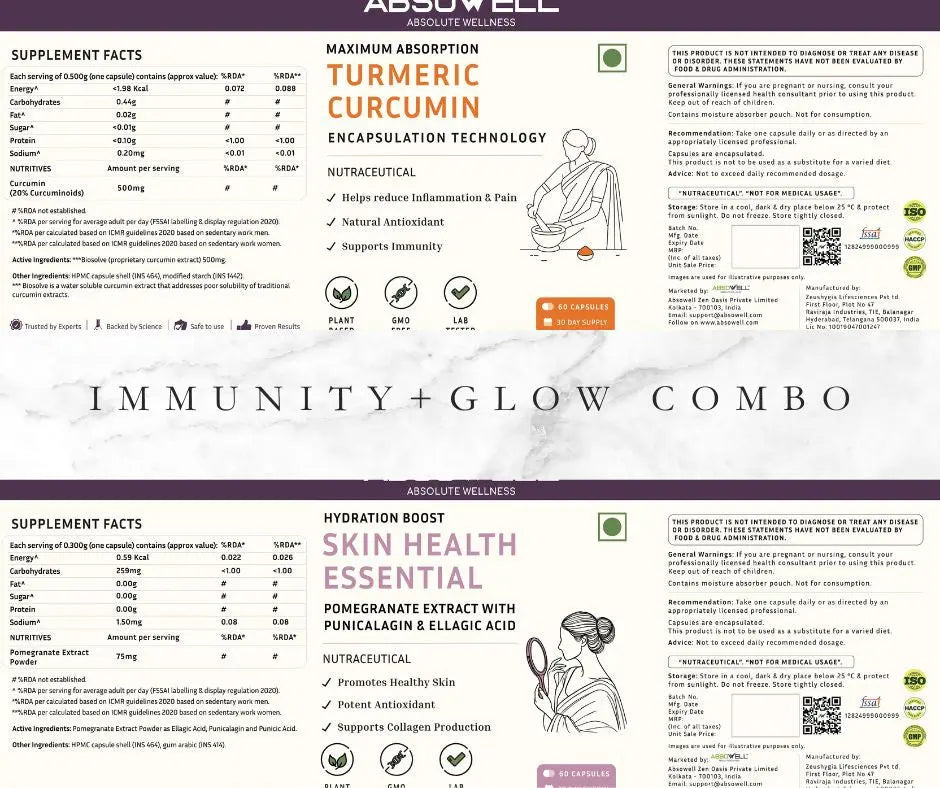 Absowell Turmeric Curcumin + Skin Health Essentials Combo | Plant-Based Immunity & Skin Wellness Supplement | 60 Veg Capsules Each Absowell