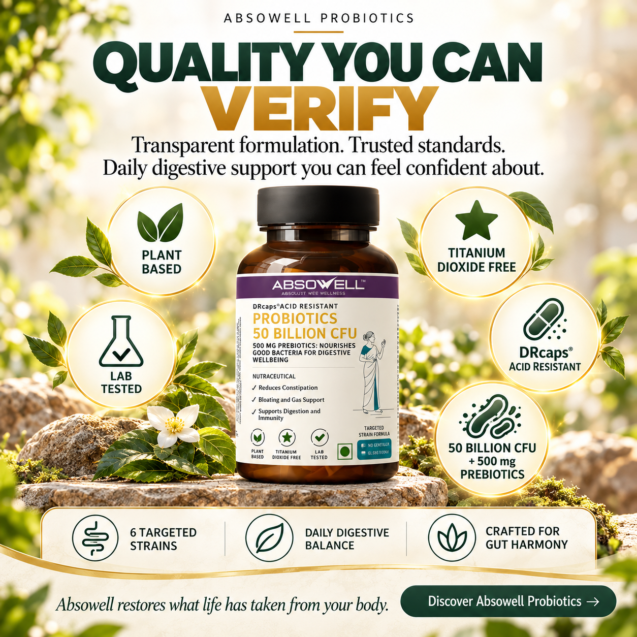 Probiotics + Prebiotics -50 Billion CFU | Absowell Gut Harmony Absowell