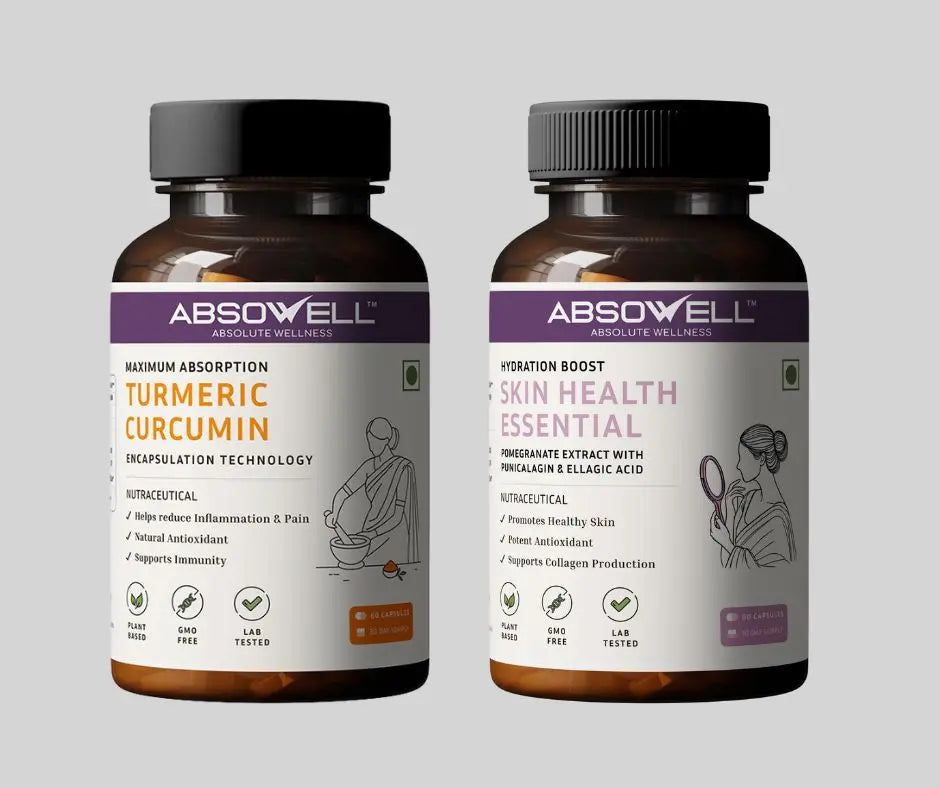 Absowell Turmeric Curcumin + Skin Health Essentials Combo | Plant-Based Immunity & Skin Wellness Supplement | 60 Veg Capsules Each Absowell
