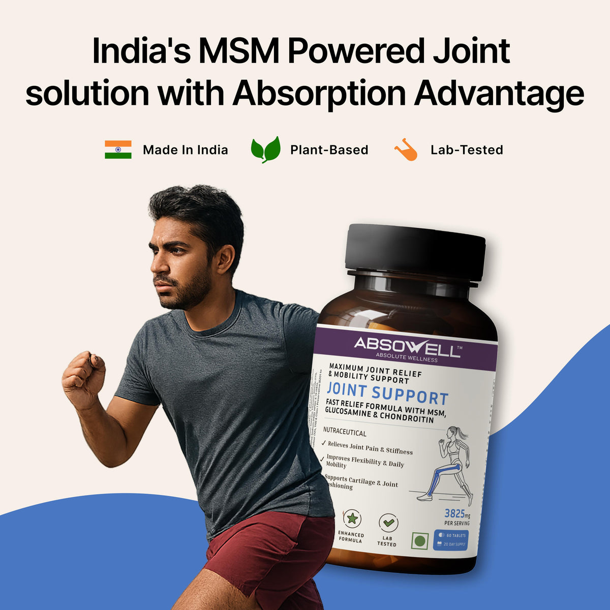 Absowell | Joint Support | Fast Relief Formula with MSM, Glucosamine & Chondroitin | Relieves Joint Pain & Stiffness | Improves Flexibility & Cartilage Health | Plant-Based | NABL Lab Tested | 60 Tablets