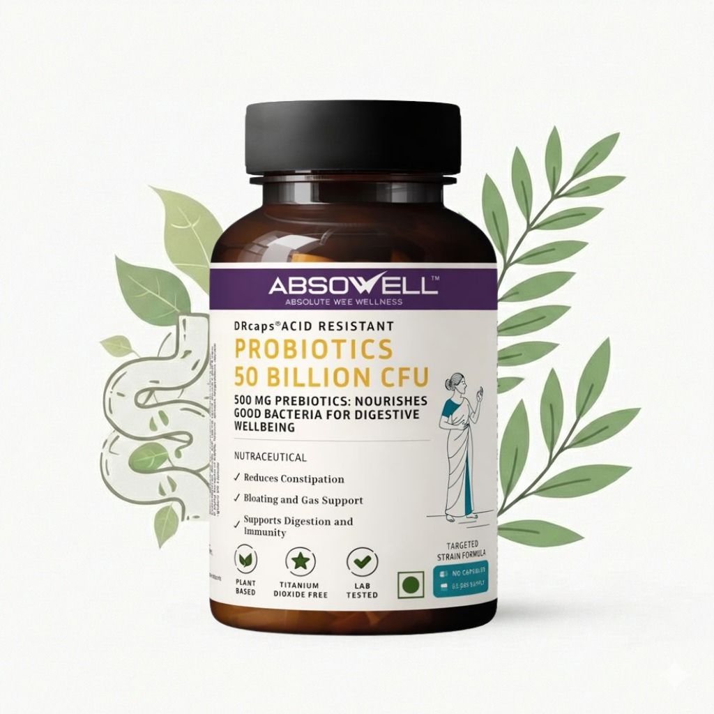 Absowell Probiotics 50 Billion CFU with Prebiotics | 6 Targeted Strains incl. L. rhamnosus GG & S. boulardii | 500 mg FOS + Inulin + Acacia Fiber | Gut Health, Digestion & Bloating Support | Vegan DRcaps