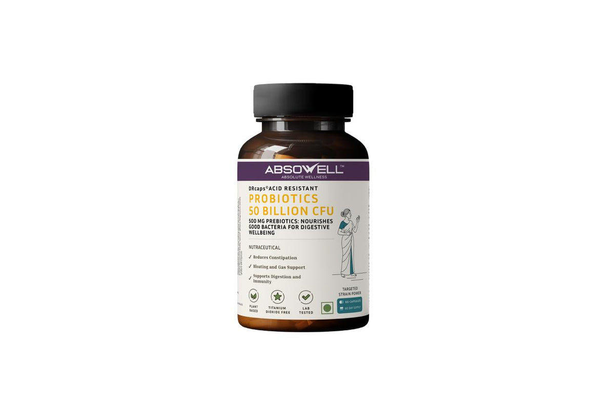 Absowell Probiotics 50 Billion CFU with Prebiotics | 6 Targeted Strains incl. L. rhamnosus GG & S. boulardii | 500 mg FOS + Inulin + Acacia Fiber | Gut Health, Digestion & Bloating Support | Vegan DRcaps Absowell