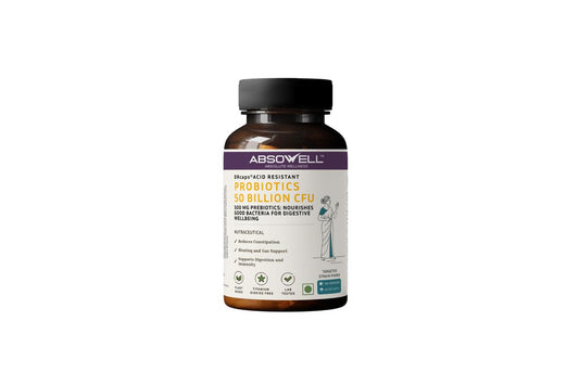 Absowell Probiotics 50 Billion CFU with Prebiotics | 6 Targeted Strains incl. L. rhamnosus GG & S. boulardii | 500 mg FOS + Inulin + Acacia Fiber | Gut Health, Digestion & Bloating Support | Vegan DRcaps Absowell