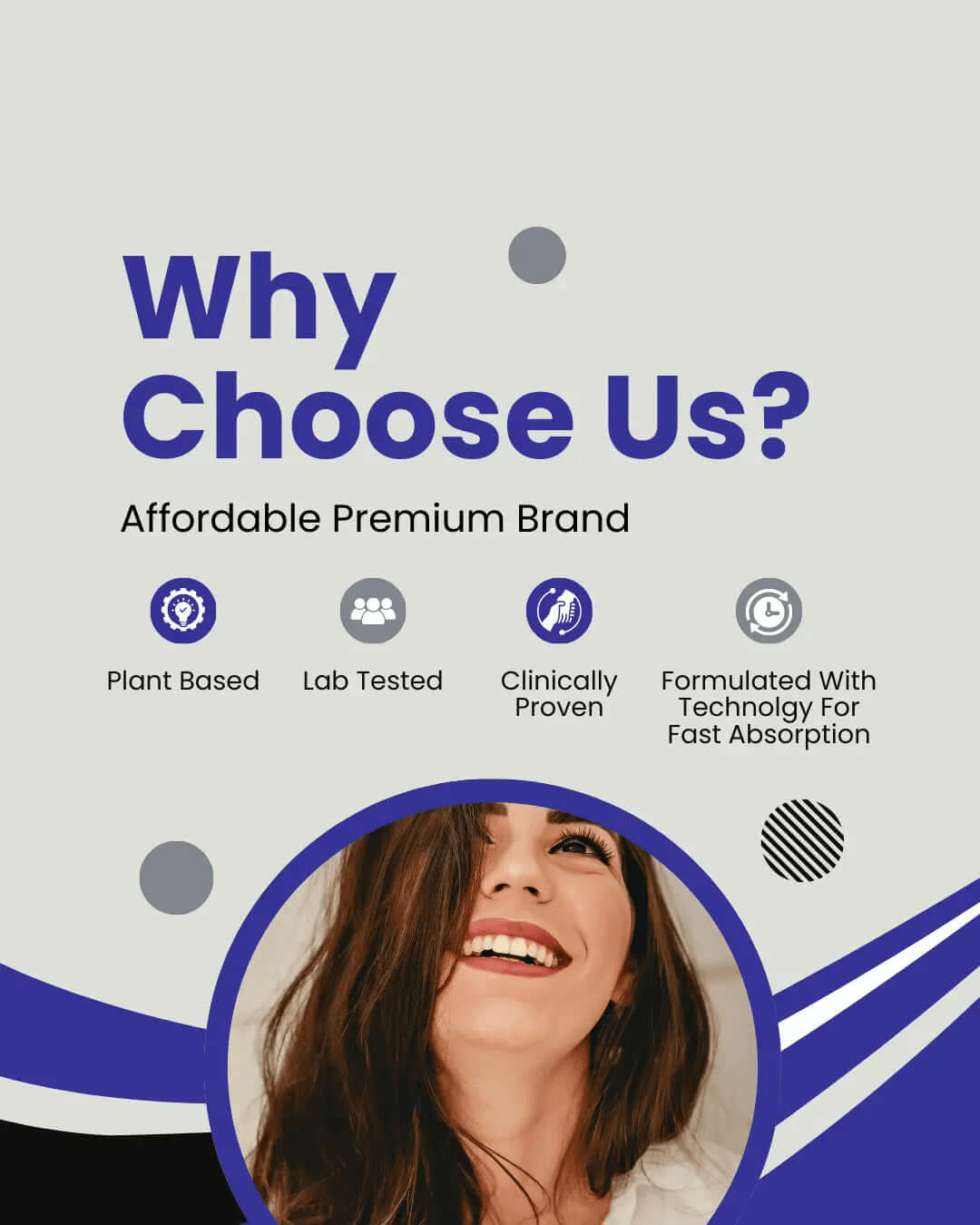 Promotional graphic for an affordable premium brand with a woman's face and key features listed.
