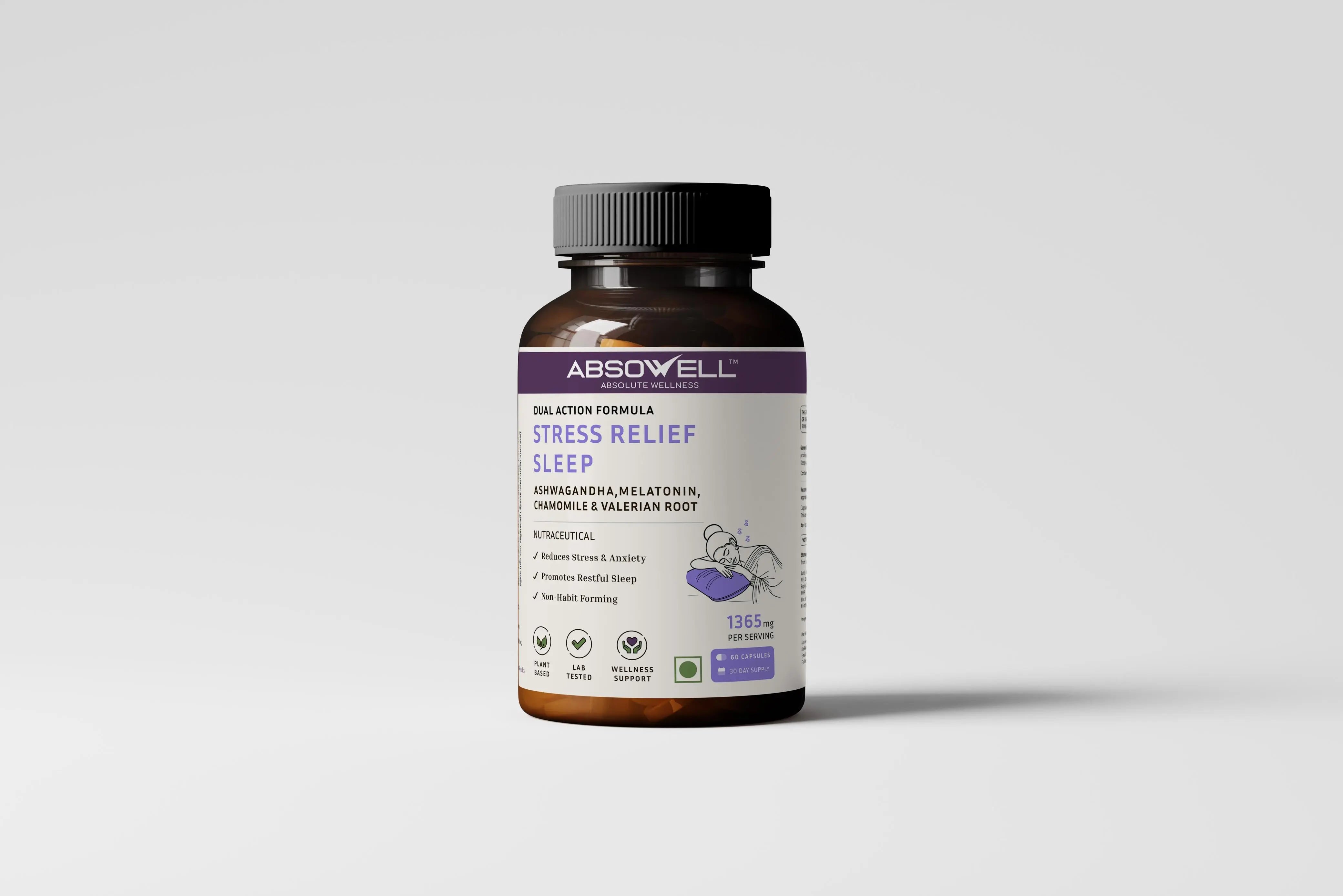 Absowell Stress Relief Sleep – Natural Sleep Aid with Ashwagandha, Melatonin & L-Theanine Absowell